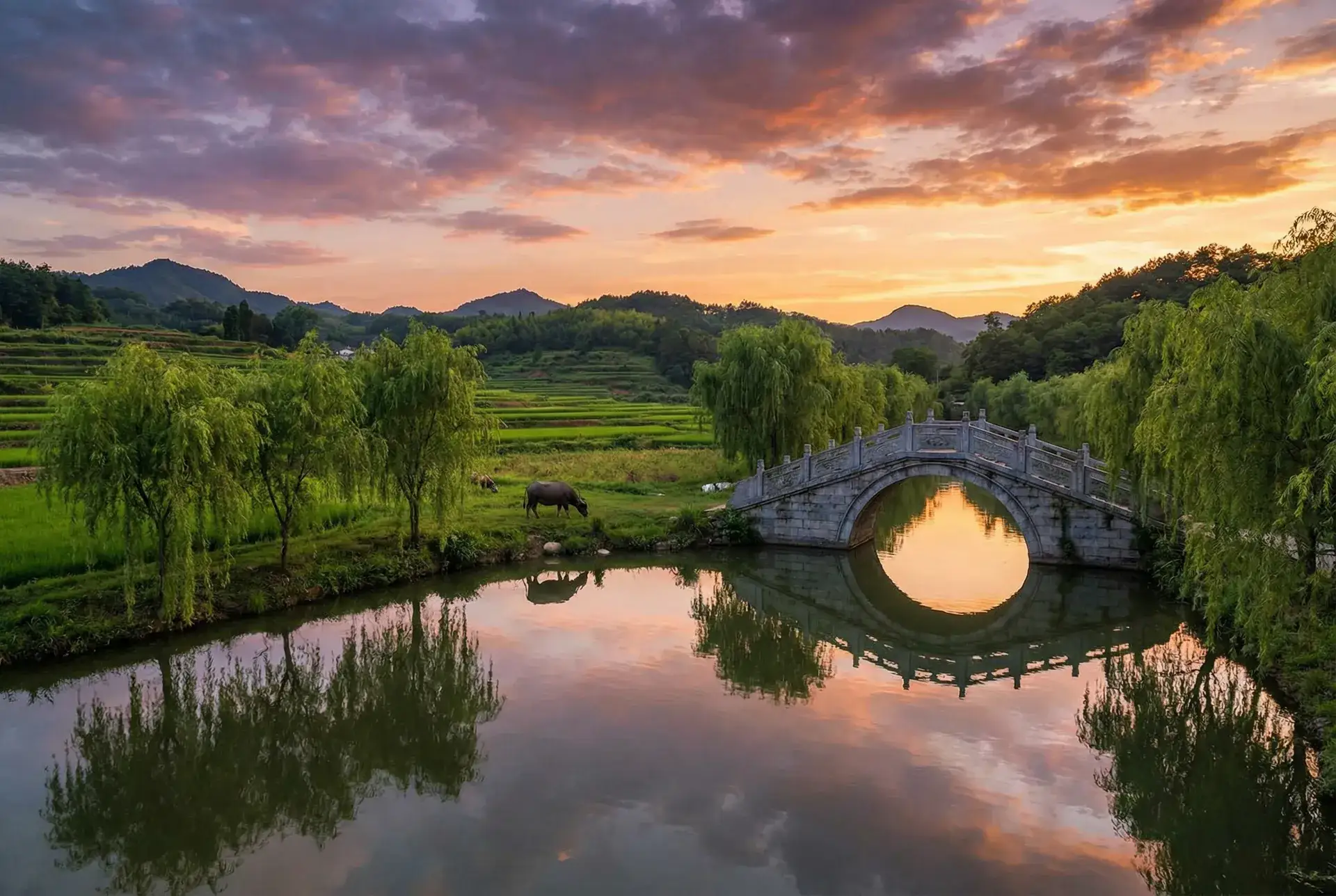 夕阳下的石拱桥与垂柳，水牛在河边吃草 - 好妈妈8在线观看中文 乡村美景